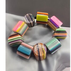 Chunky Estate Bracelet Rainbow Striped Resin Stretch Geometric 7.5in